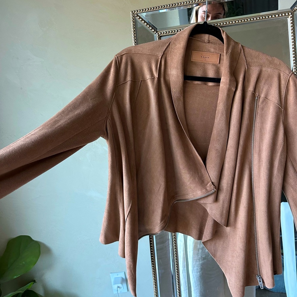 BLANK NYC tan soft neutral suede camel drape front zip up jacket NWOT